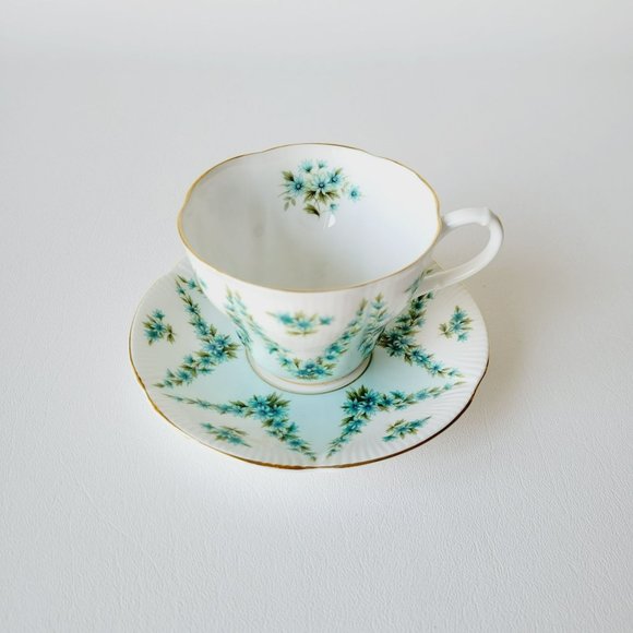 Royal Albert Shot Silk Teacup & Saucer White Blue Green Floral Swag Embossed VTG - Picture 11 of 14